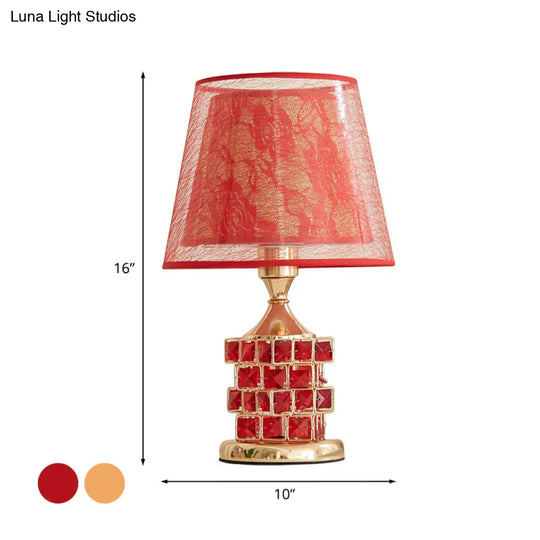 Vintage Rose Print Fabric Table Lamp - Romantic Red/Gold Dual Cone Shade Cube Crystal Base