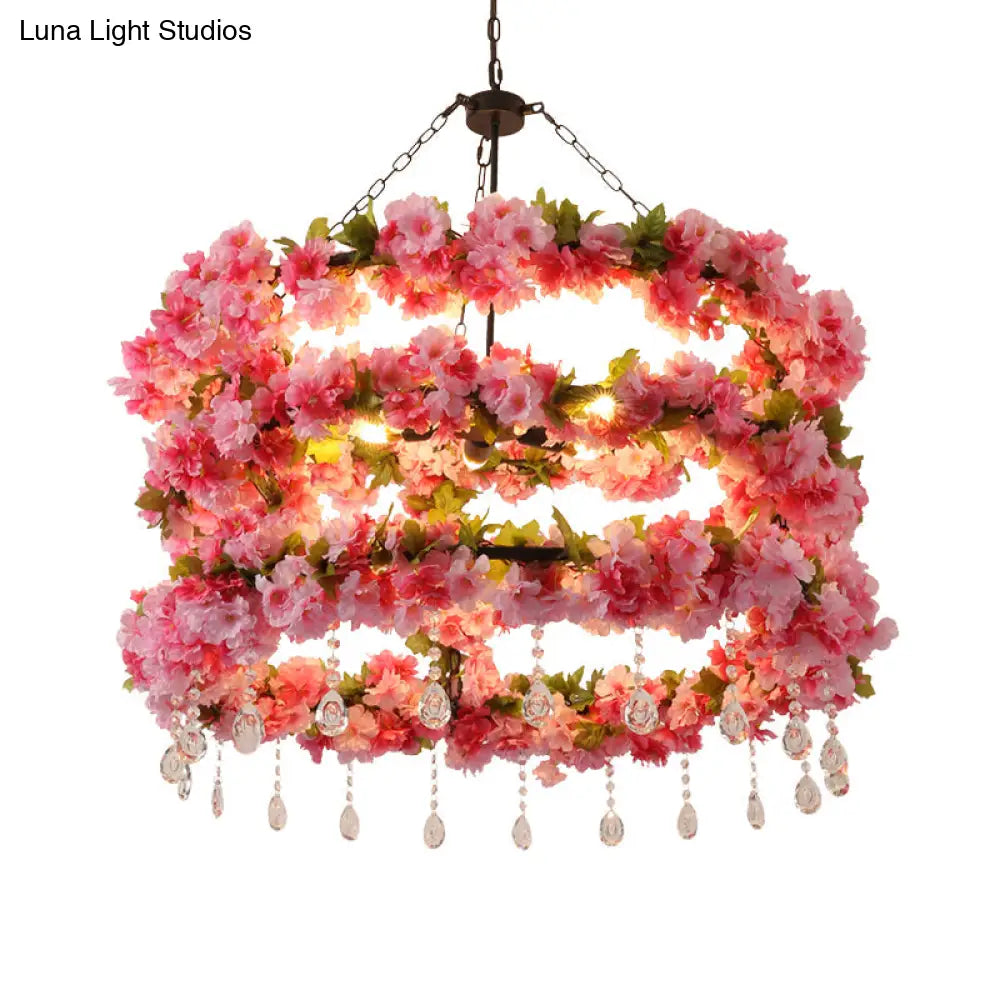 Vintage Round Chandelier Pendant Light In Pink With Crystal Accents - Metal Led Flower Design 6