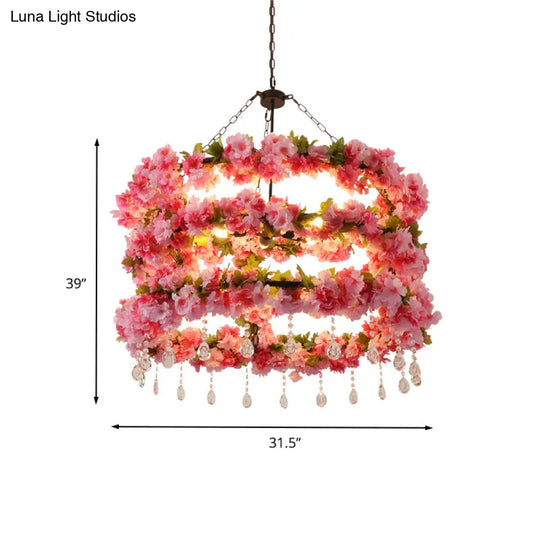 Vintage Round Chandelier Pendant Light In Pink With Crystal Accents - Metal Led Flower Design 6