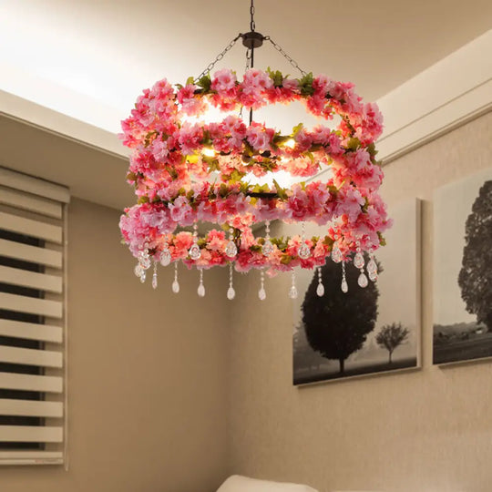 Vintage Round Chandelier Pendant Light In Pink With Crystal Accents - Metal Led Flower Design 6