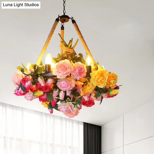 Vintage 6-Light Round Pendant Chandelier With Iron Flower Design Hemp Rope Yellow/Pink/Light Pink