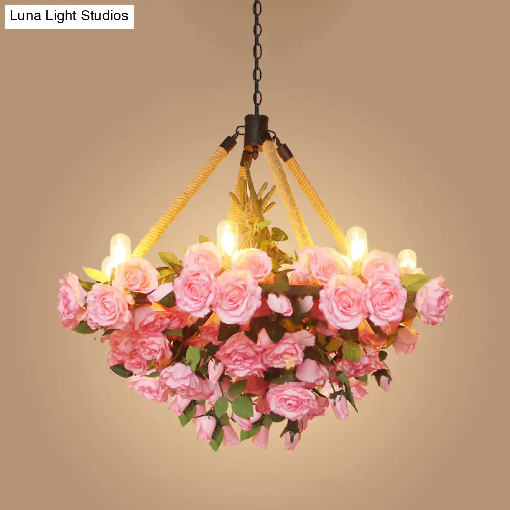 Vintage Round Pendant Chandelier - 6 Light Iron Flower Ceiling With Hemp Rope Yellow/Pink/Light Pink