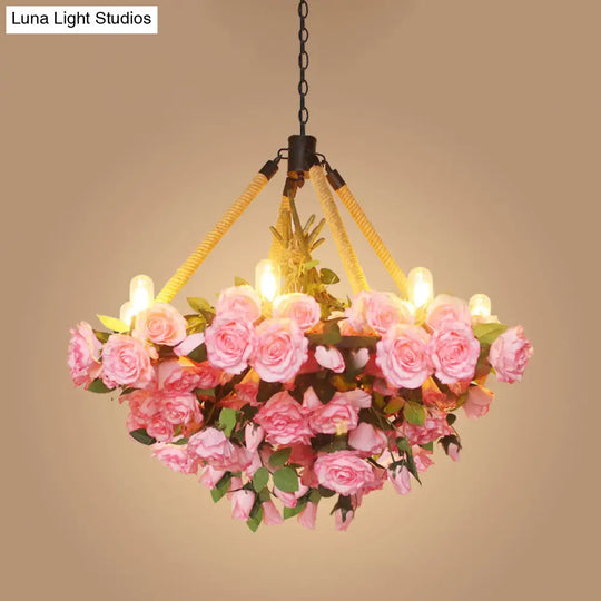 Vintage Round Pendant Chandelier - 6 Light Iron Flower Ceiling With Hemp Rope Yellow/Pink/Light Pink