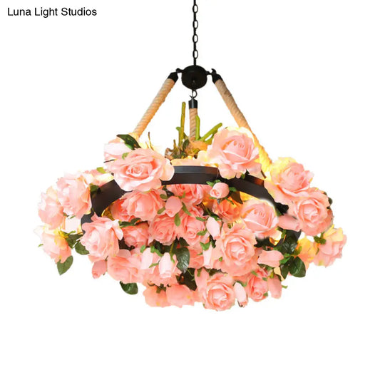 Vintage Round Pendant Chandelier - 6 Light Iron Flower Ceiling With Hemp Rope Yellow/Pink/Light Pink