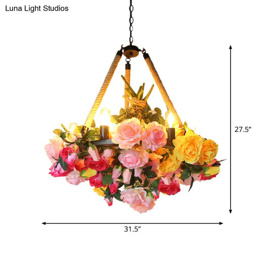 Vintage Round Pendant Chandelier - 6 Light Iron Flower Ceiling With Hemp Rope Yellow/Pink/Light Pink