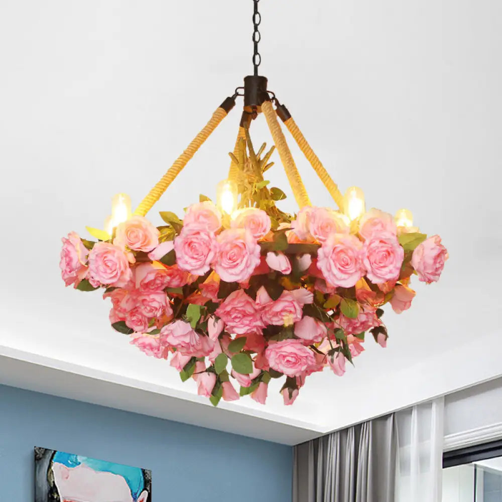 Vintage Round Pendant Chandelier - 6 Light Iron Flower Ceiling With Hemp Rope Yellow/Pink/Light Pink