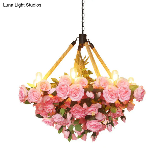 Vintage 6-Light Round Pendant Chandelier With Iron Flower Design Hemp Rope Yellow/Pink/Light Pink