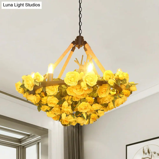 Vintage 6-Light Round Pendant Chandelier With Iron Flower Design Hemp Rope Yellow/Pink/Light Pink