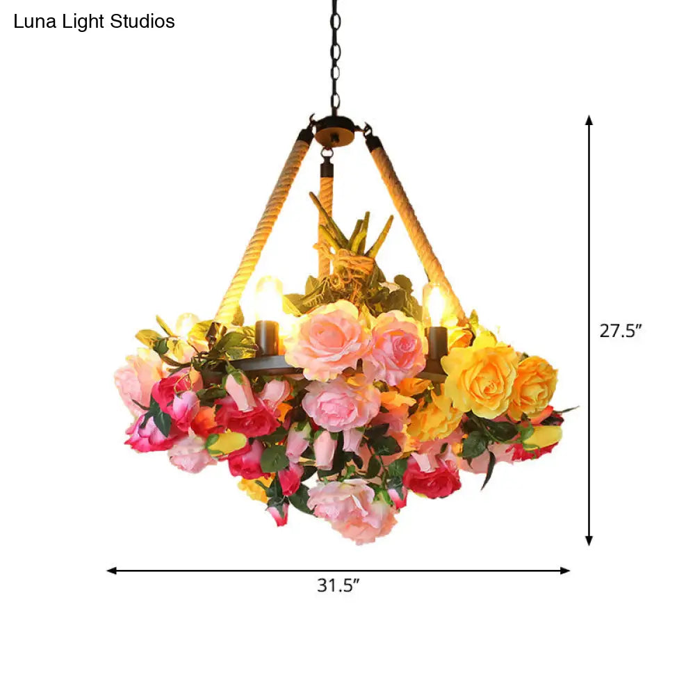 Vintage 6-Light Round Pendant Chandelier With Iron Flower Design Hemp Rope Yellow/Pink/Light Pink