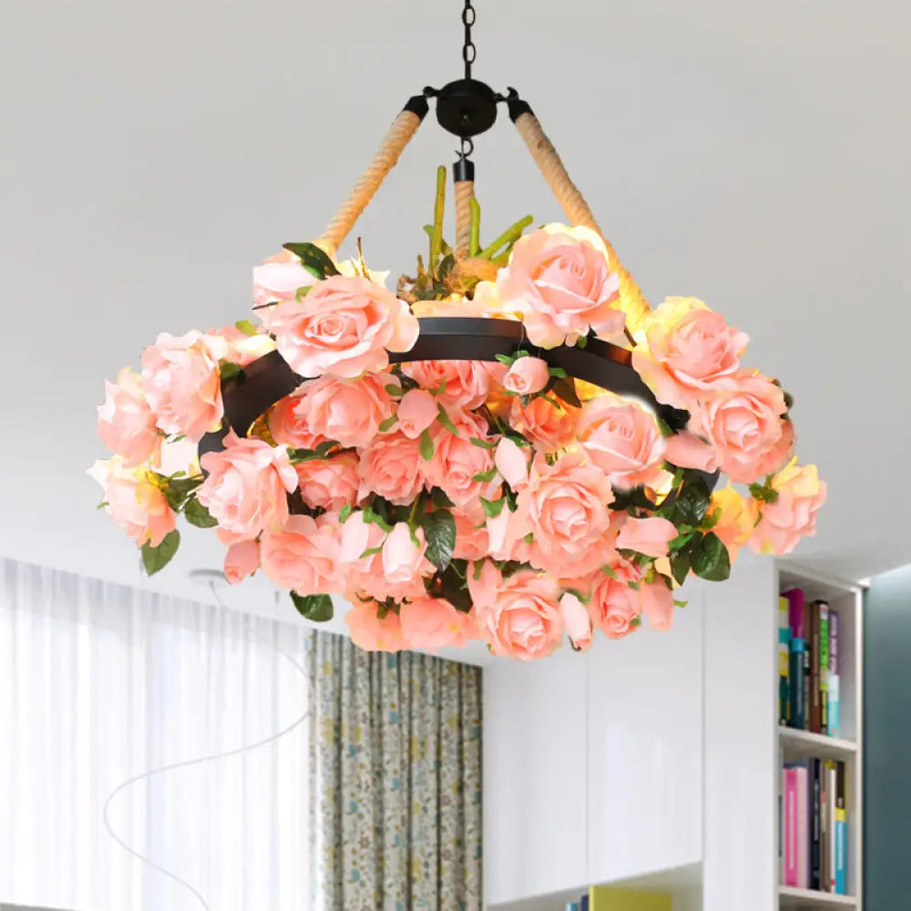 Vintage Round Pendant Chandelier - 6 Light Iron Flower Ceiling With Hemp Rope Yellow/Pink/Light Pink