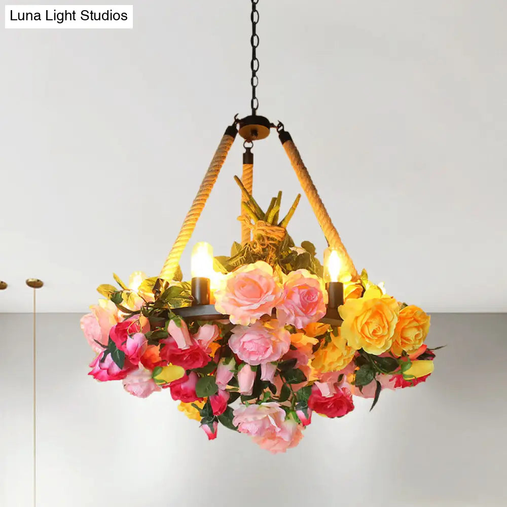 Vintage 6-Light Round Pendant Chandelier With Iron Flower Design Hemp Rope Yellow/Pink/Light Pink