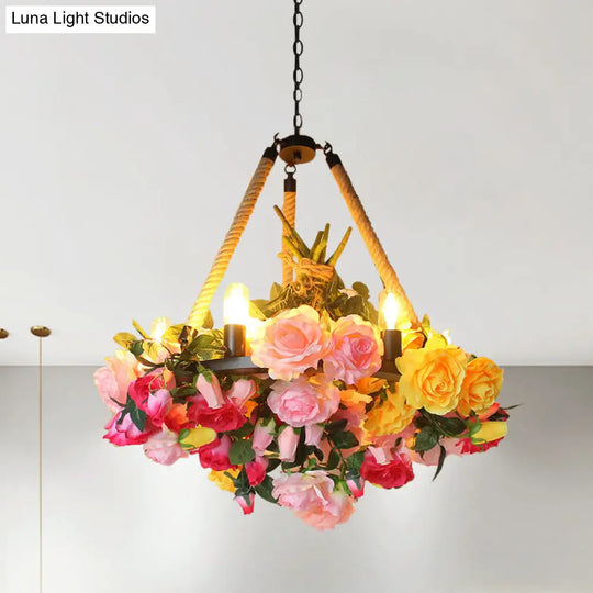 Vintage 6-Light Round Pendant Chandelier With Iron Flower Design Hemp Rope Yellow/Pink/Light Pink