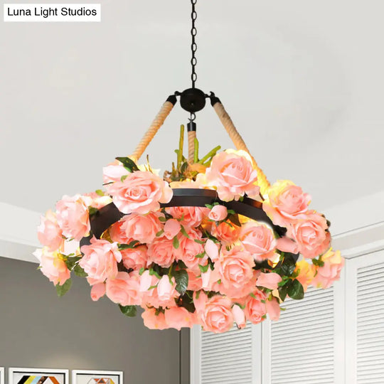 Vintage Round Pendant Chandelier - 6 Light Iron Flower Ceiling With Hemp Rope Yellow/Pink/Light Pink