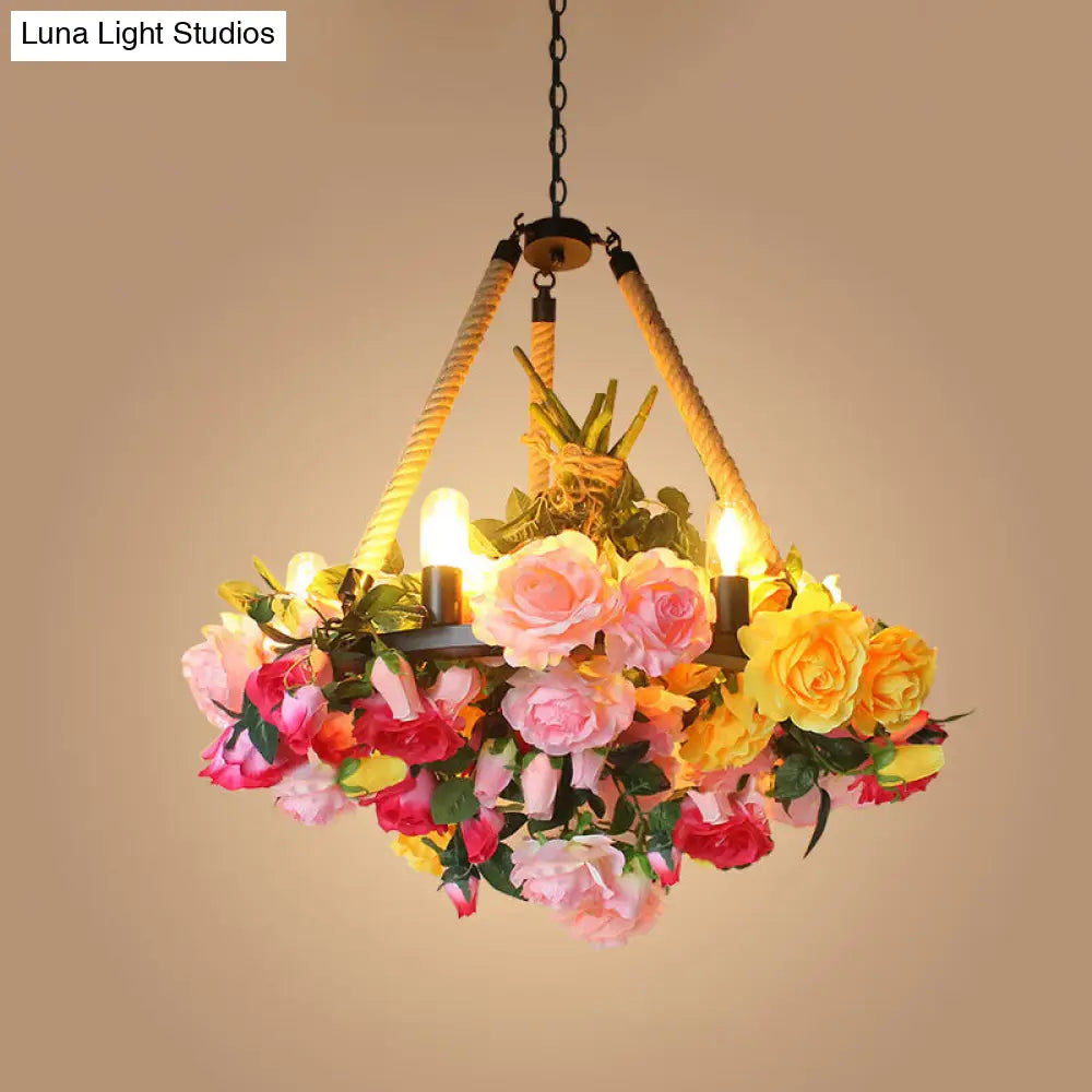 Vintage 6-Light Round Pendant Chandelier With Iron Flower Design Hemp Rope Yellow/Pink/Light Pink