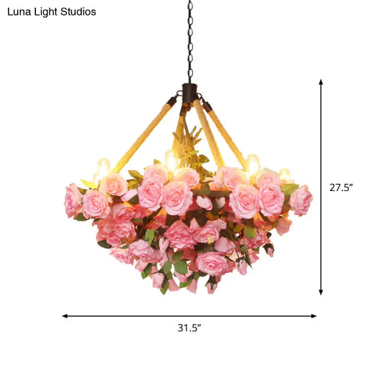 Vintage Round Pendant Chandelier - 6 Light Iron Flower Ceiling With Hemp Rope Yellow/Pink/Light Pink