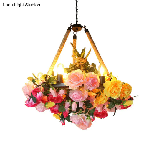 Vintage Round Pendant Chandelier - 6 Light Iron Flower Ceiling With Hemp Rope Yellow/Pink/Light Pink