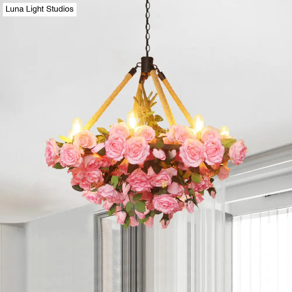 Vintage Round Pendant Chandelier - 6 Light Iron Flower Ceiling With Hemp Rope Yellow/Pink/Light Pink