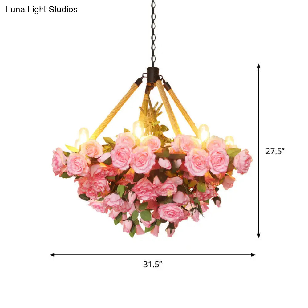 Vintage 6-Light Round Pendant Chandelier With Iron Flower Design Hemp Rope Yellow/Pink/Light Pink