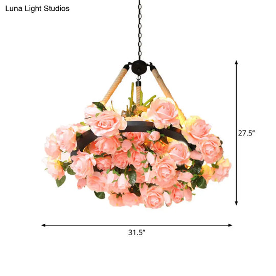 Vintage 6-Light Round Pendant Chandelier With Iron Flower Design Hemp Rope Yellow/Pink/Light Pink