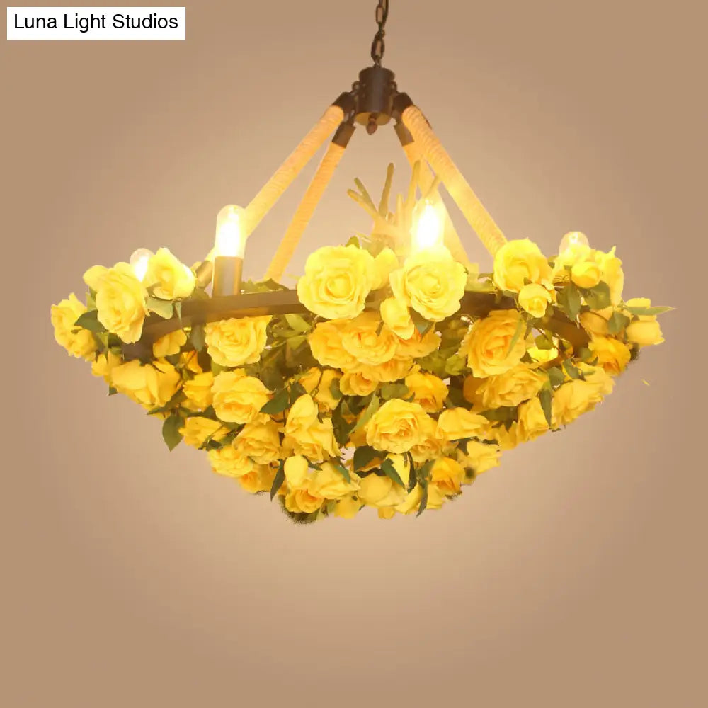 Vintage Round Pendant Chandelier - 6 Light Iron Flower Ceiling With Hemp Rope Yellow/Pink/Light Pink