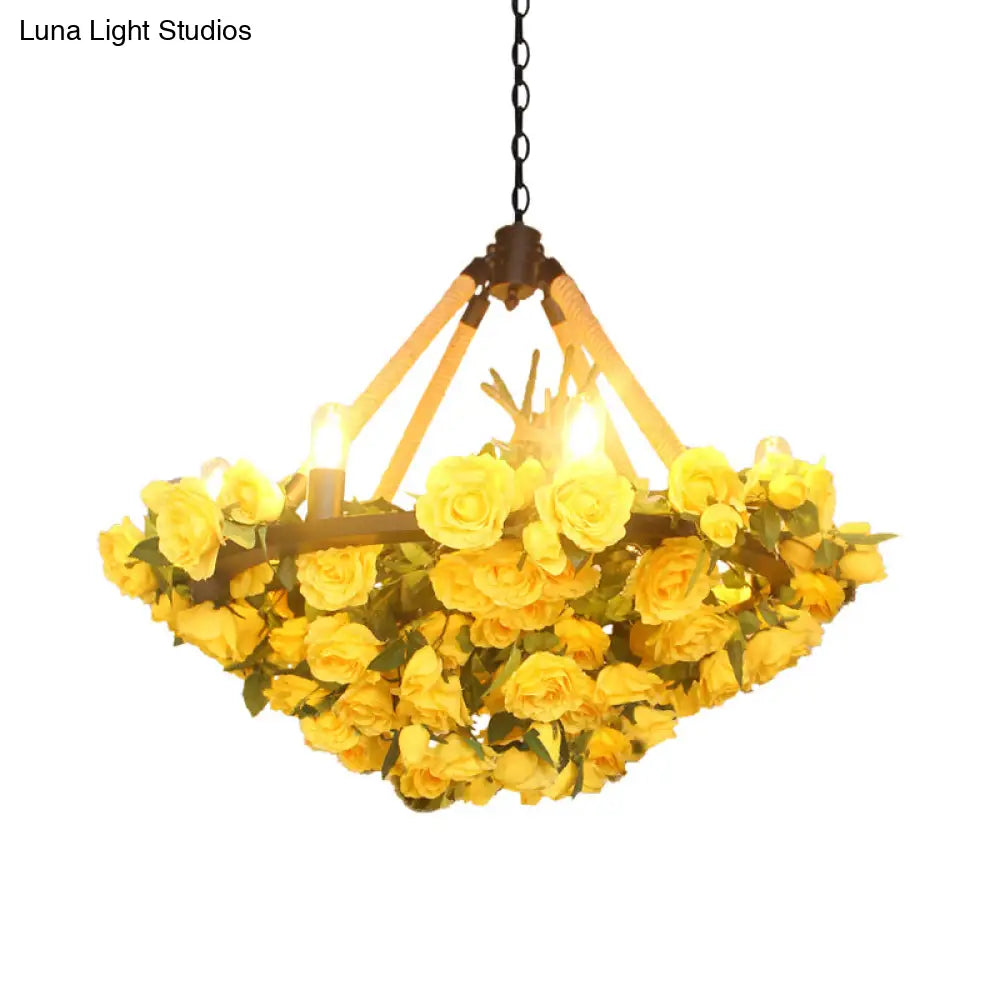 Vintage Round Pendant Chandelier - 6 Light Iron Flower Ceiling With Hemp Rope Yellow/Pink/Light Pink