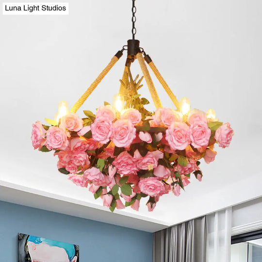 Vintage 6-Light Round Pendant Chandelier With Iron Flower Design Hemp Rope Yellow/Pink/Light Pink