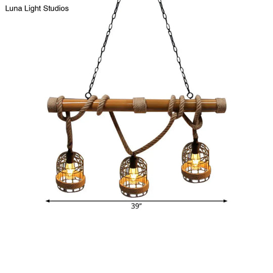 Vintage Rust Birdcage Shade Pendant Lighting With Adjustable Rope - 3-Head Metal Island Light