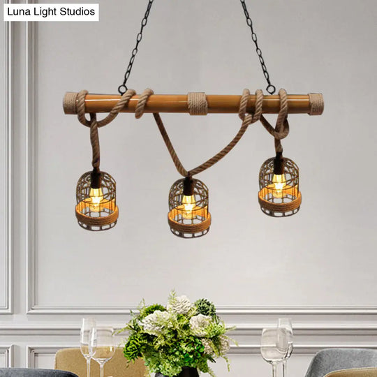 Vintage Rust Birdcage Shade Pendant Lighting With Adjustable Rope - 3-Head Metal Island Light