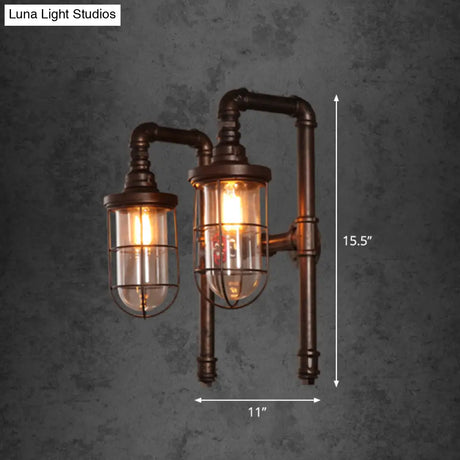 Vintage Rust Elongated Dome Wall Light Fixture With Clear Glass 2 Heads And Metallic Cage - Ideal
