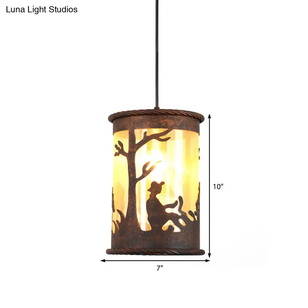 Vintage Rust Metal Cylinder Pendant Light With Fabric And Art Design - 1-Light Hanging Ceiling