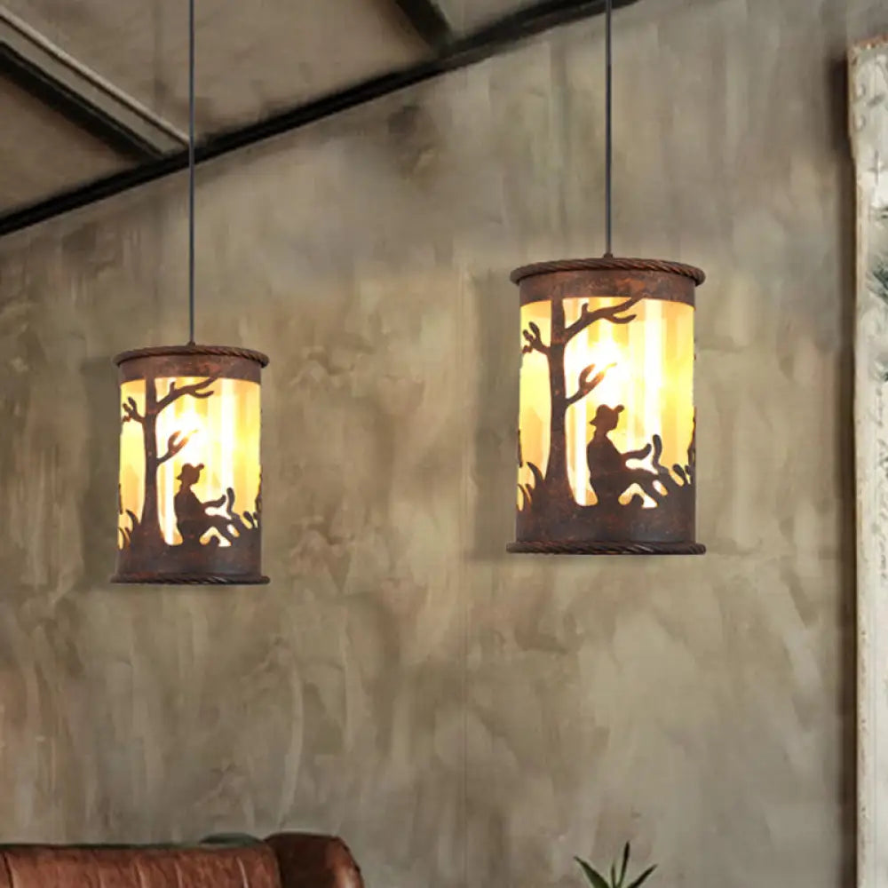 Vintage Rust Metal Cylinder Pendant Light With Fabric And Art Design - 1-Light Hanging Ceiling