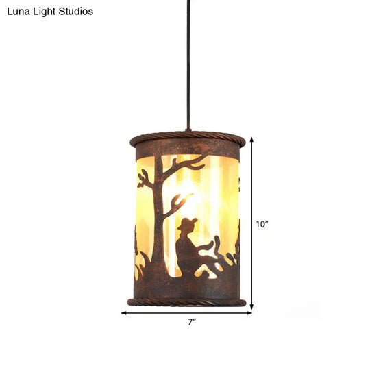 Vintage Rust Metal Cylinder Pendant Light With Fabric And Art Design - 1-Light Hanging Ceiling