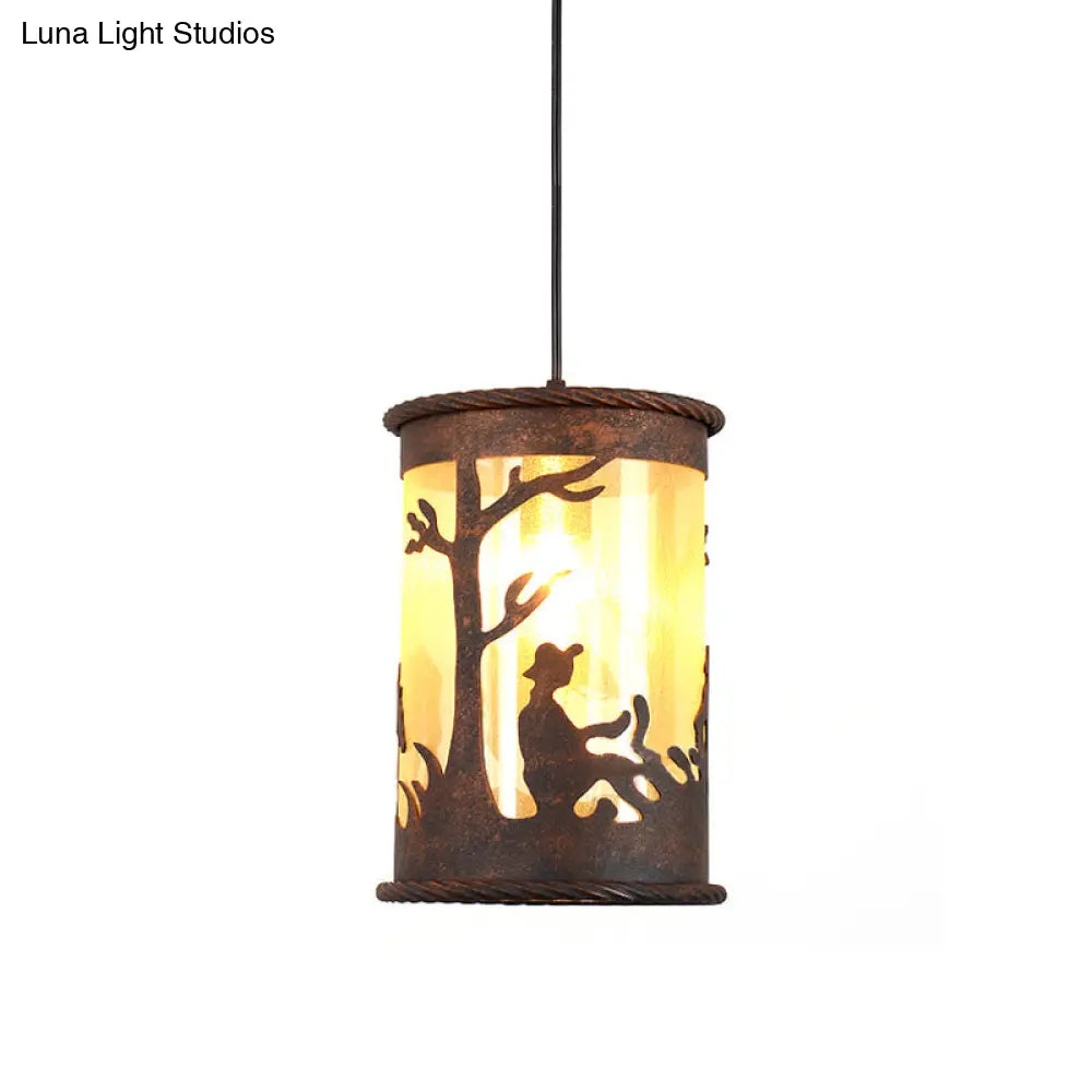 Vintage Rust Metal Cylinder Pendant Light With Fabric And Art Design - 1-Light Hanging Ceiling