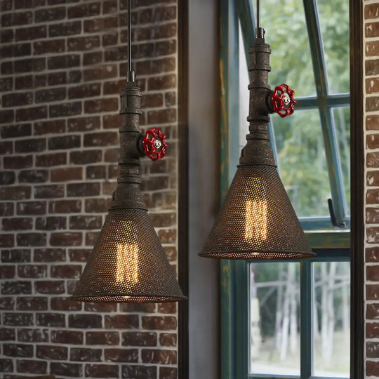 Vintage Rust Metallic Cone-Shaded Pendant With Mesh Screen - 1 Bulb Hanging Lamp