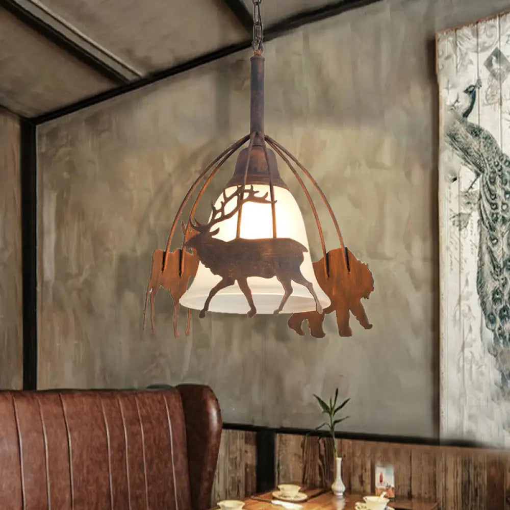 Vintage Rust Opal Glass Pendant Light With Elk Cage - 1 Bell Shade Ceiling Lamp