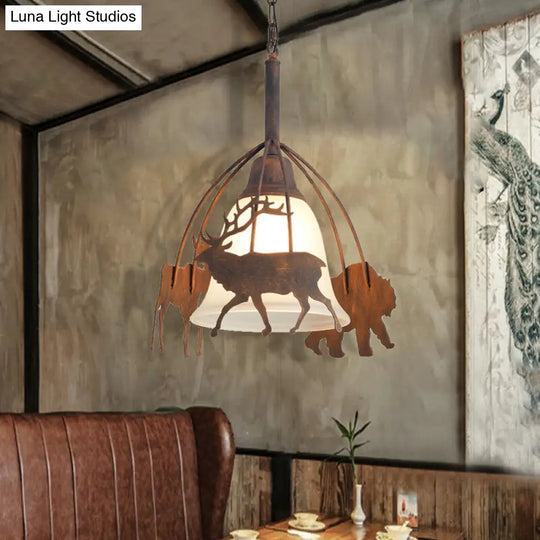 Vintage Rust Pendant Light With Opal Glass Shade And Elk Cage - 1-Light Ceiling Hanging Lamp