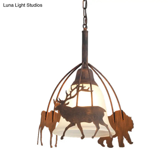 Vintage Rust Pendant Light With Opal Glass Shade And Elk Cage - 1-Light Ceiling Hanging Lamp