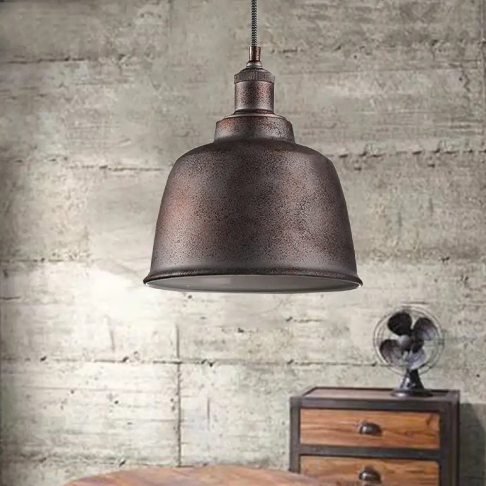 Vintage Rust/White Bucket Pendant Lamp: Adjustable Cord Indoor Hanging Light Rust