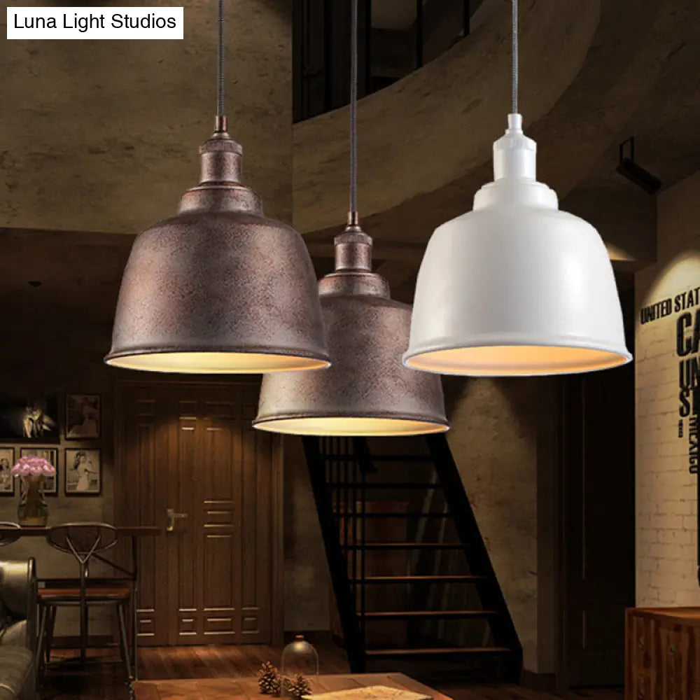 Vintage Rust/White Bucket Pendant Lamp: Adjustable Cord Indoor Hanging Light