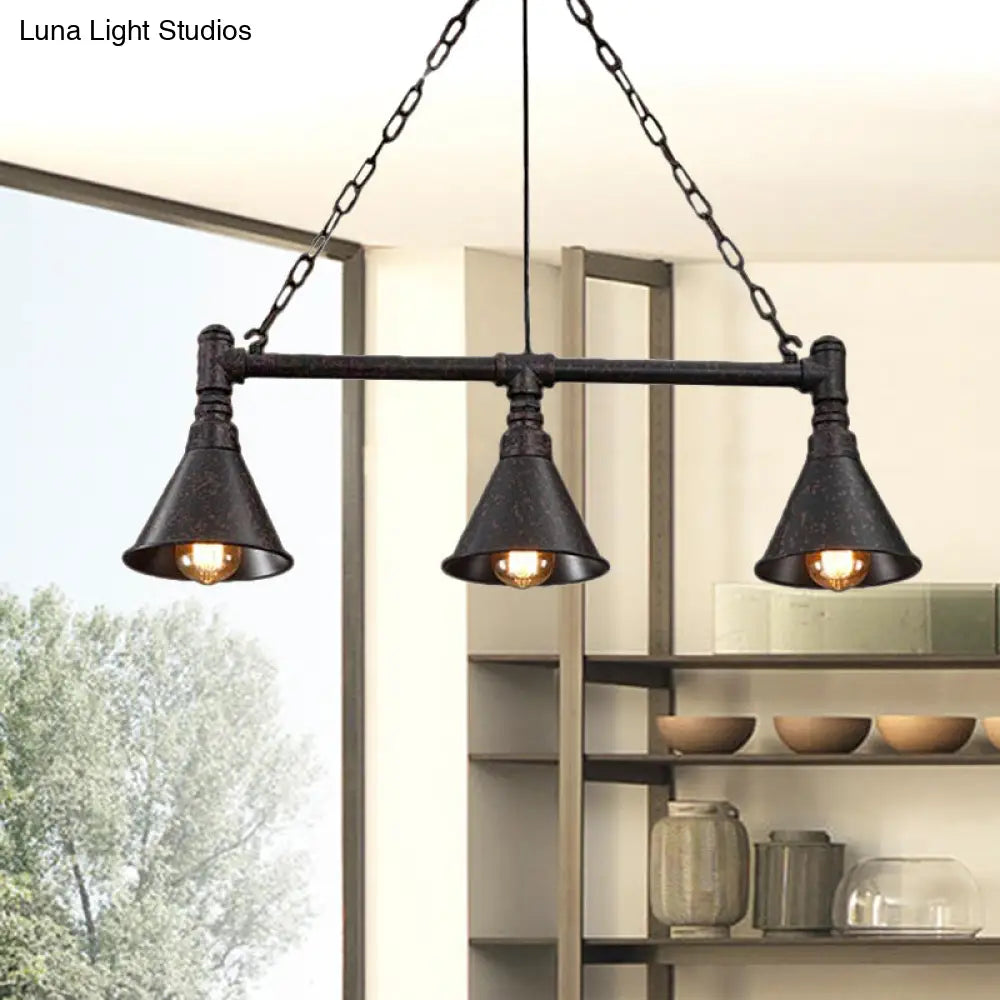 Vintage Rustic Conical Island Lighting: Industrial Metal Pendant Light With Pipe Design - 3-Light