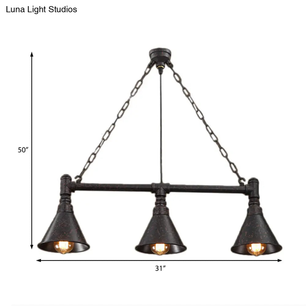 Vintage Rustic Conical Island Lighting: Industrial Metal Pendant Light With Pipe Design - 3-Light