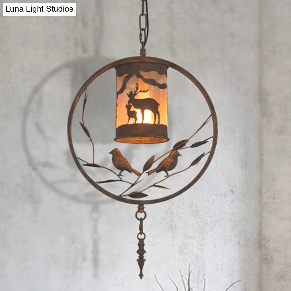 Vintage Rust Cylinder Wall Sconce With Fabric Shade Bird Accent And 1 Light For Dining Room Lighting