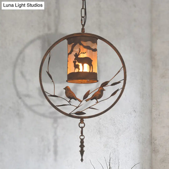Vintage Rustic Cylinder Wall Sconce With Fabric Bird Accent - 1-Light Metal Lamp For Dining Room