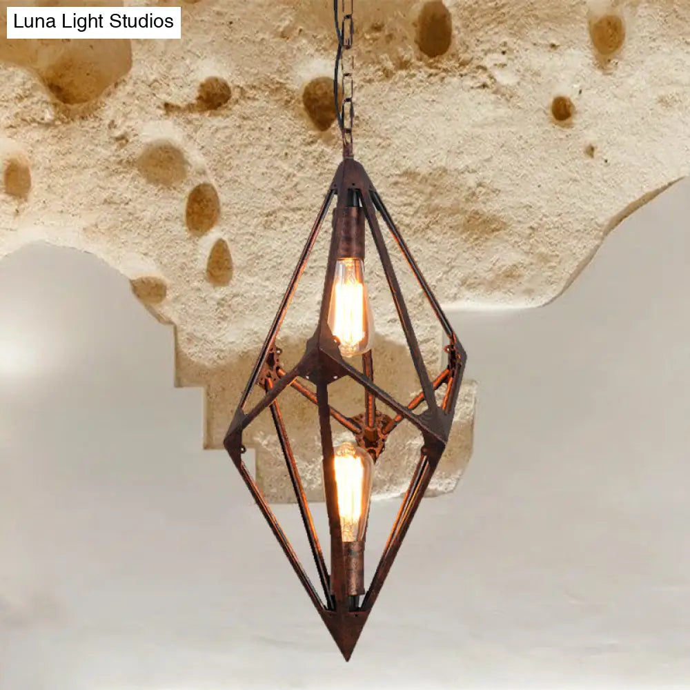 Vintage Metallic Dining Room Chandelier - Rust Ceiling Pendant Light With Bare Bulb 2/3 Lights