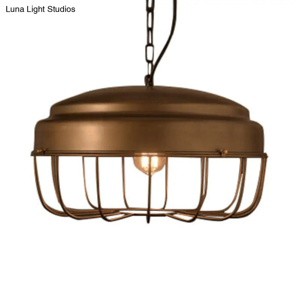 Satin Bronze Barn Pendant Light - Vintage Metal With Wire Guard Kitchen Ceiling Hanging