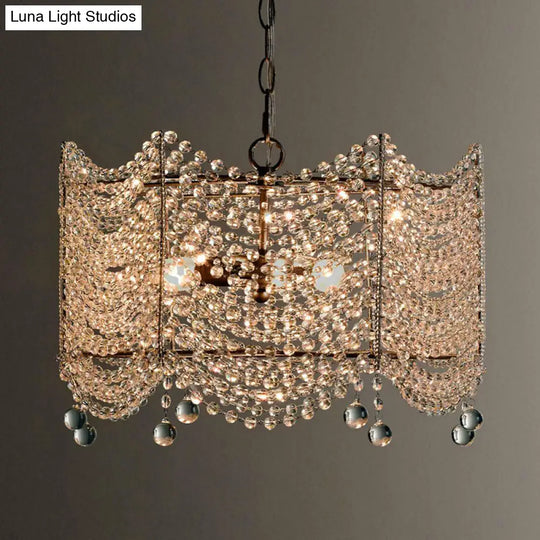 Vintage Scallop Suspension Chandelier With Crystal Beads - Silver Finish 3 Bulbs