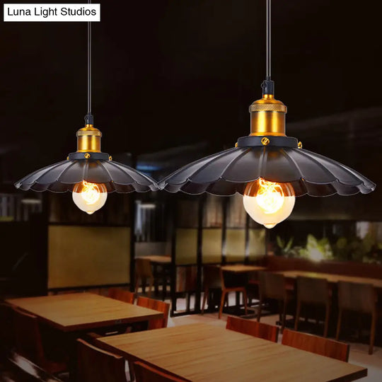 Restaurant Pendant Lamp - Vintage Scalloped Edge Iron Hanging Lighting Fixture With Single-Bulb