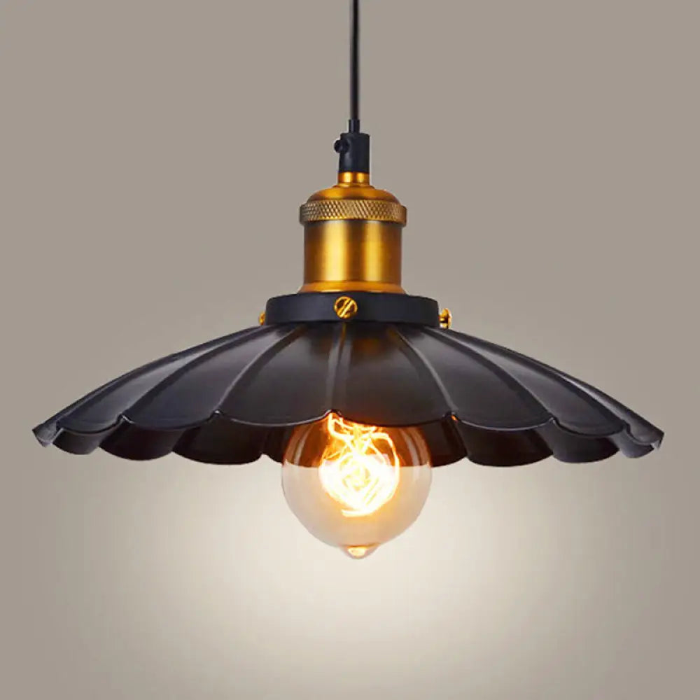 Vintage Scalloped Edge Hanging Lamp: Single-Bulb Iron Pendant For Restaurants Black