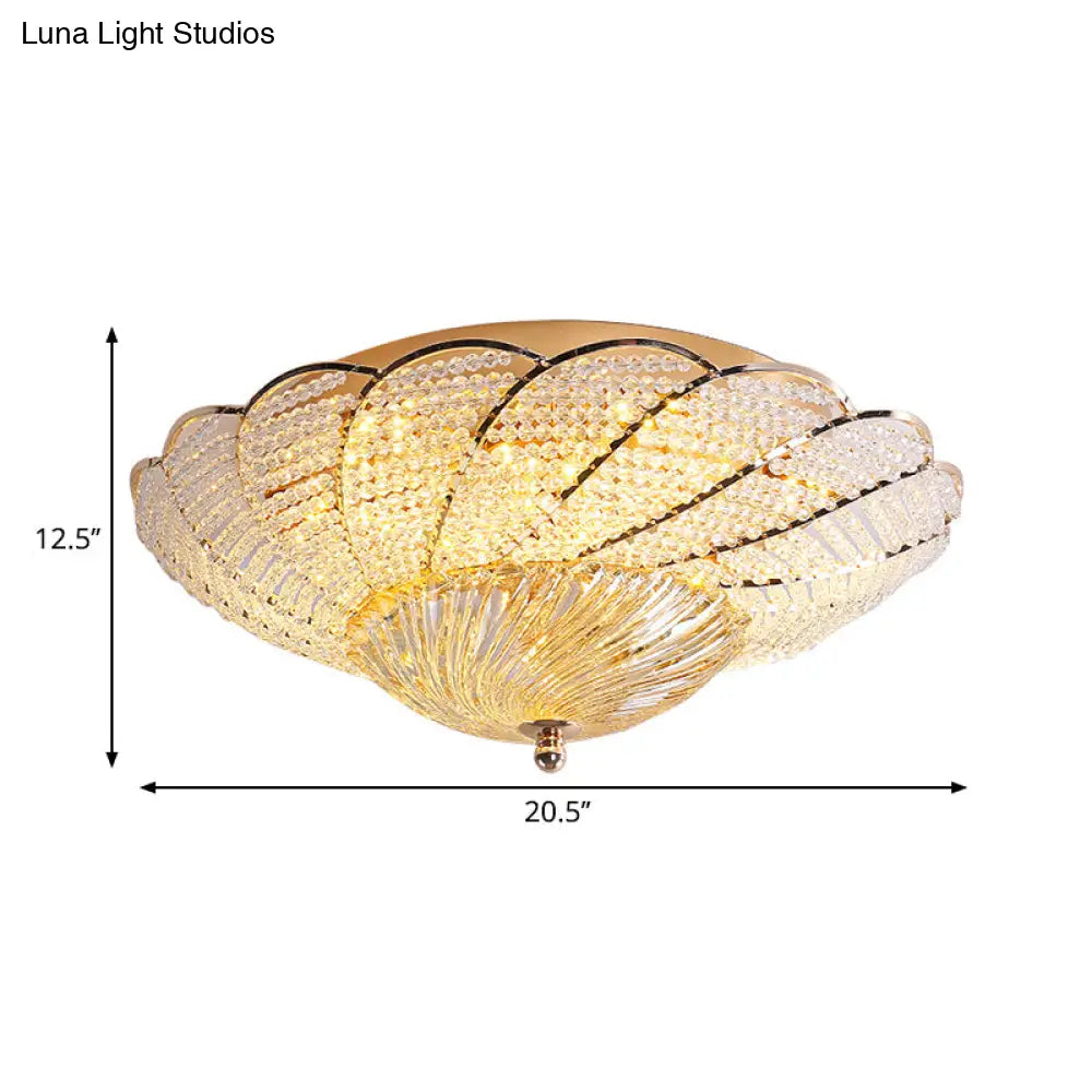 Vintage Scalloped Flush Light With Crystal Beads In Gold - 13’/16.5’/20.5’ W Yellow/White