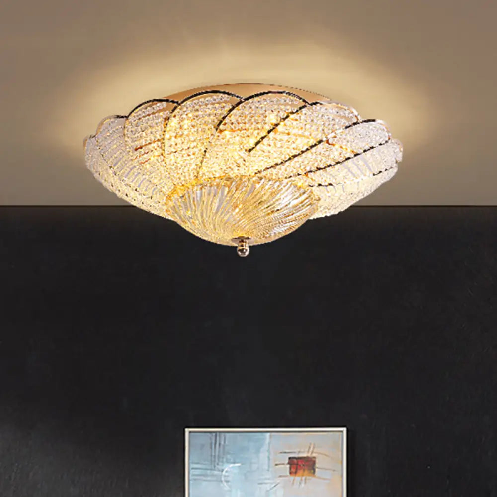 Vintage Scalloped Flush Light With Crystal Beads In Gold - 13’/16.5’/20.5’ W Yellow/White /